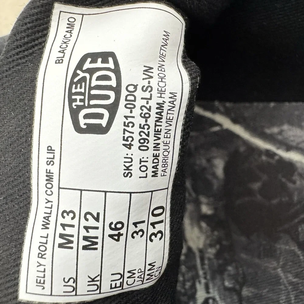 Hey Dude Jelly Roll Wally Comf Slip Black Camo Men's 13 NWT Realtree